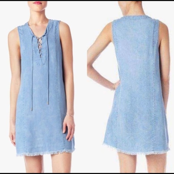 7 For All Mankind Lace Up Chambray denim mini tunic shirt dress light wash M - Picture 14 of 14